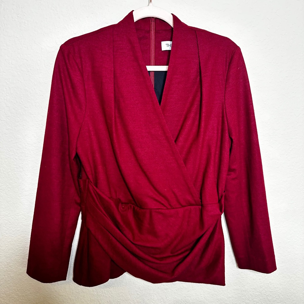 The Fold London Burgundy Draped Faux Wrap Front Top Long Sleeve US 10 UK 14